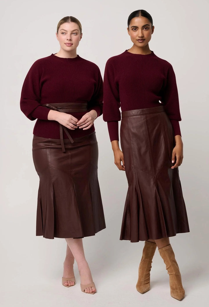 Roselle Merino Wool Blend Ribbed Knit Top | Bordeaux