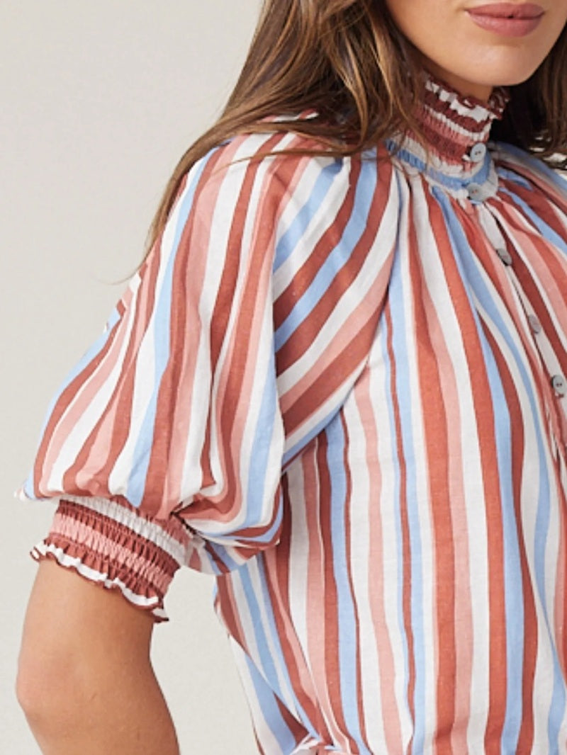 Shirred Blouse | Mocha Stripe