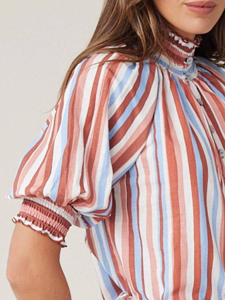 Shirred Blouse | Mocha Stripe