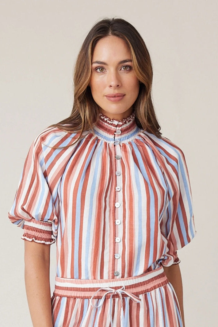 Shirred Blouse | Mocha Stripe
