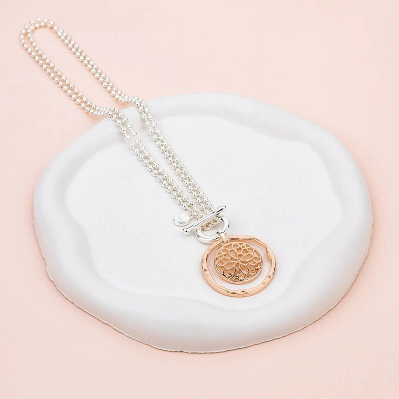 Rose Gold & Silver Circle & Flower Pendant Necklace