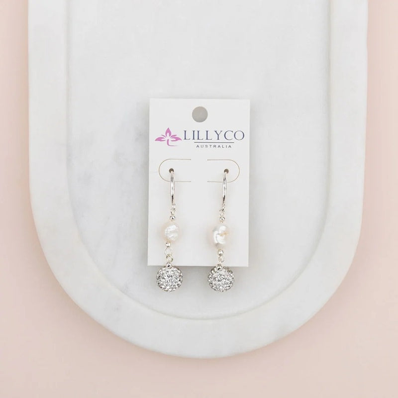 Silver Bling Ball With Pearl Earrings