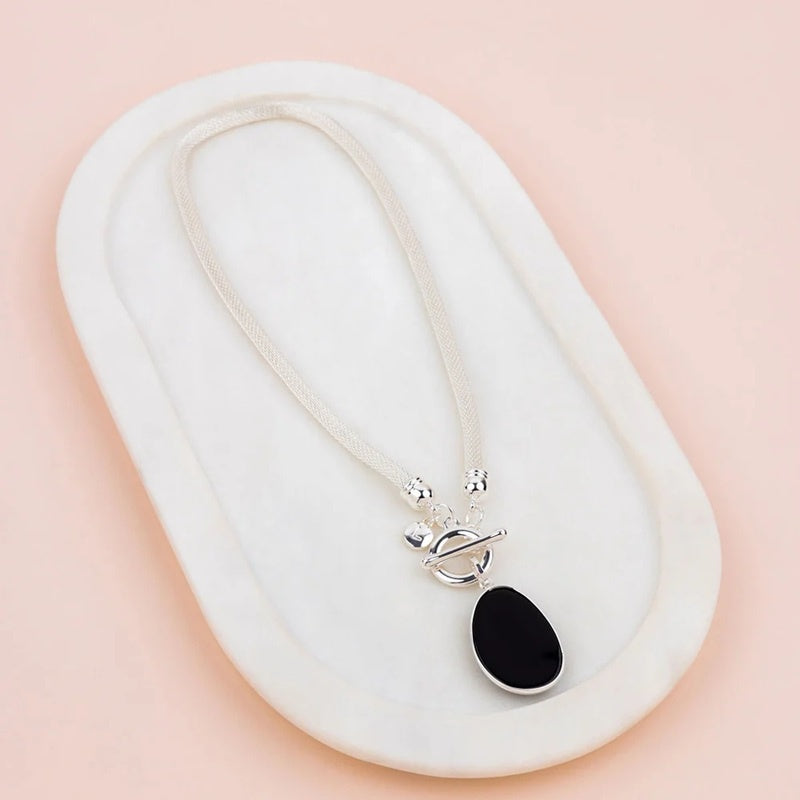 Silver Mess Chain With Black Quartz Necklace