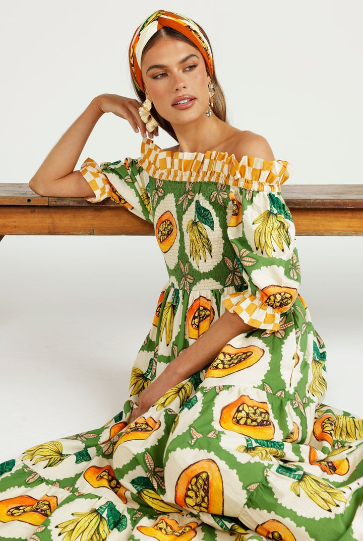 The Papaya Grove Smocked Off Shoulder Dress