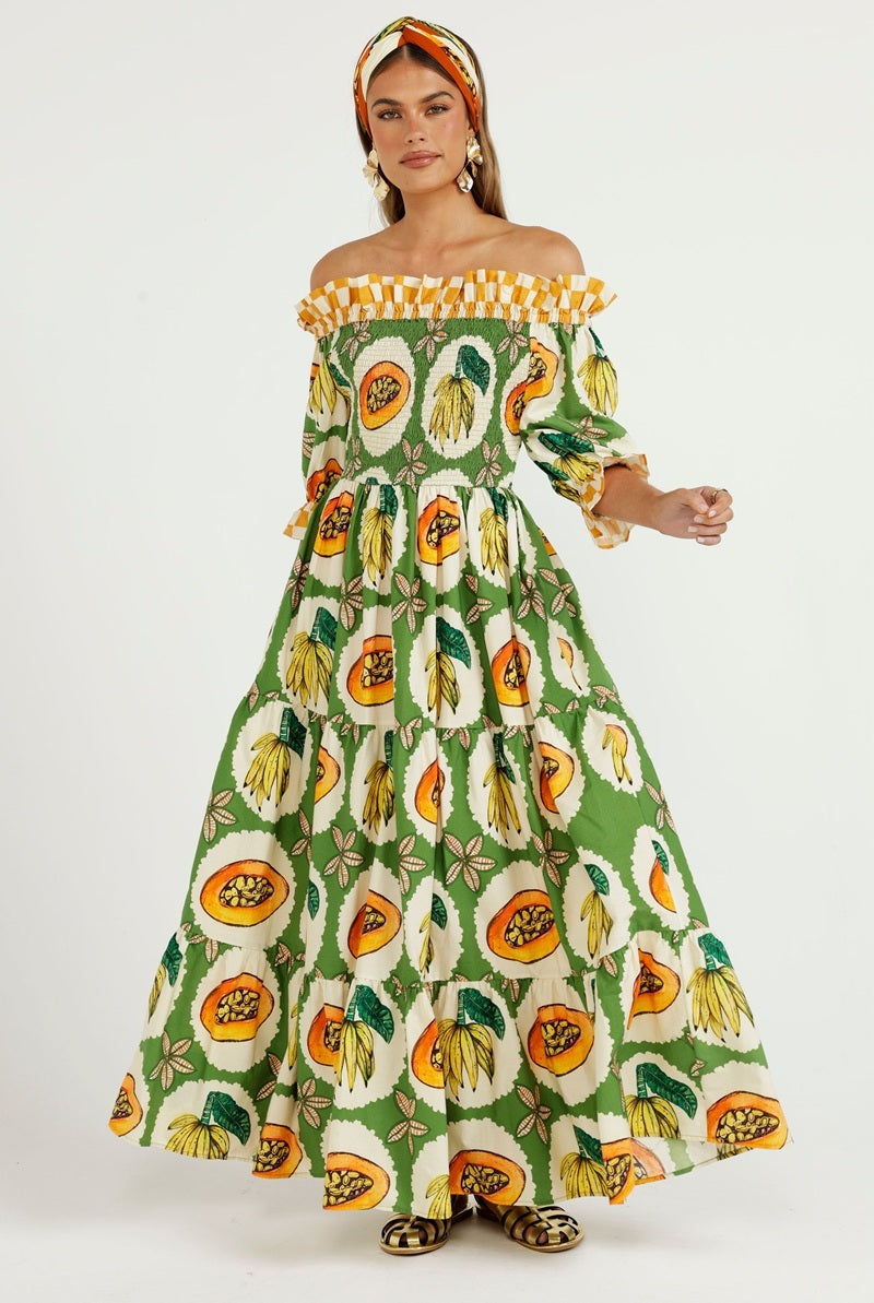 The Papaya Grove Smocked Off Shoulder Dress