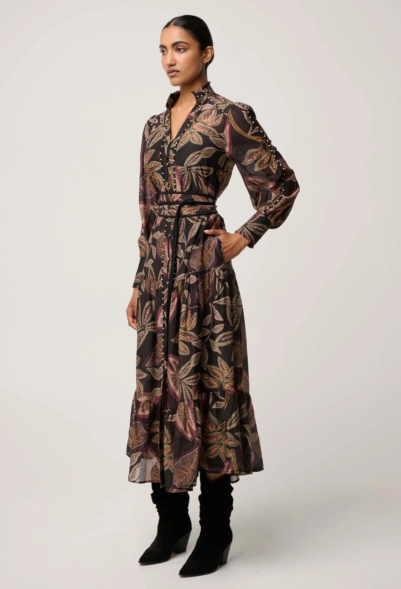 Wanderlust Pearl Embellished Cotton Silk Maxi Dress | Dark Tropique