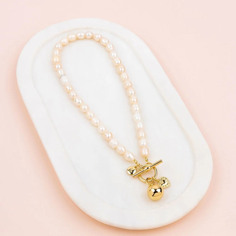 Yellow Gold Ball On Freshwater Pearls Necklace