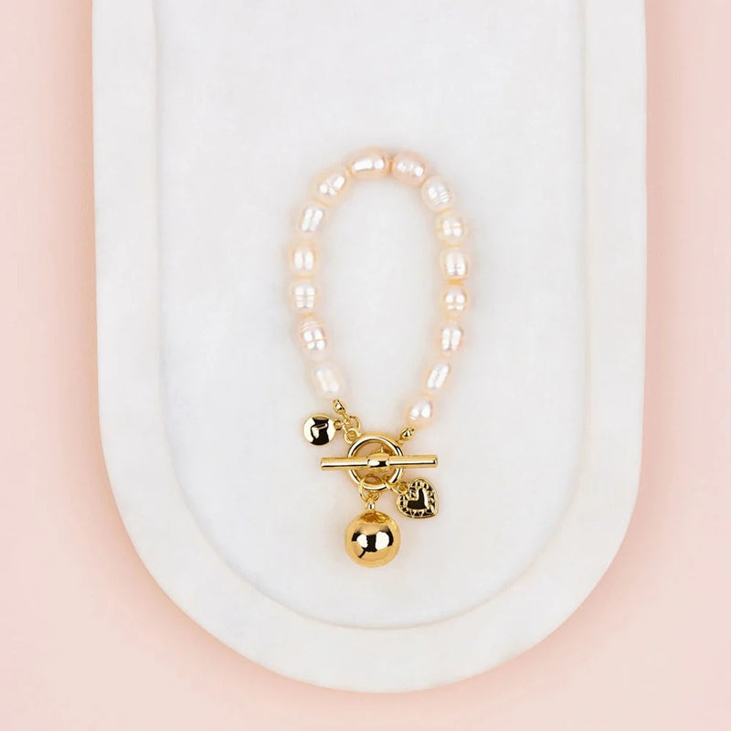 Yellow Gold Ball On Freshwater Pearls Bracelet
