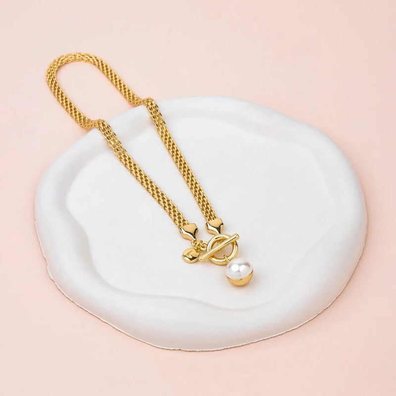 Yellow Gold Chain With Double Sided Pearl Metal Pendant Necklace