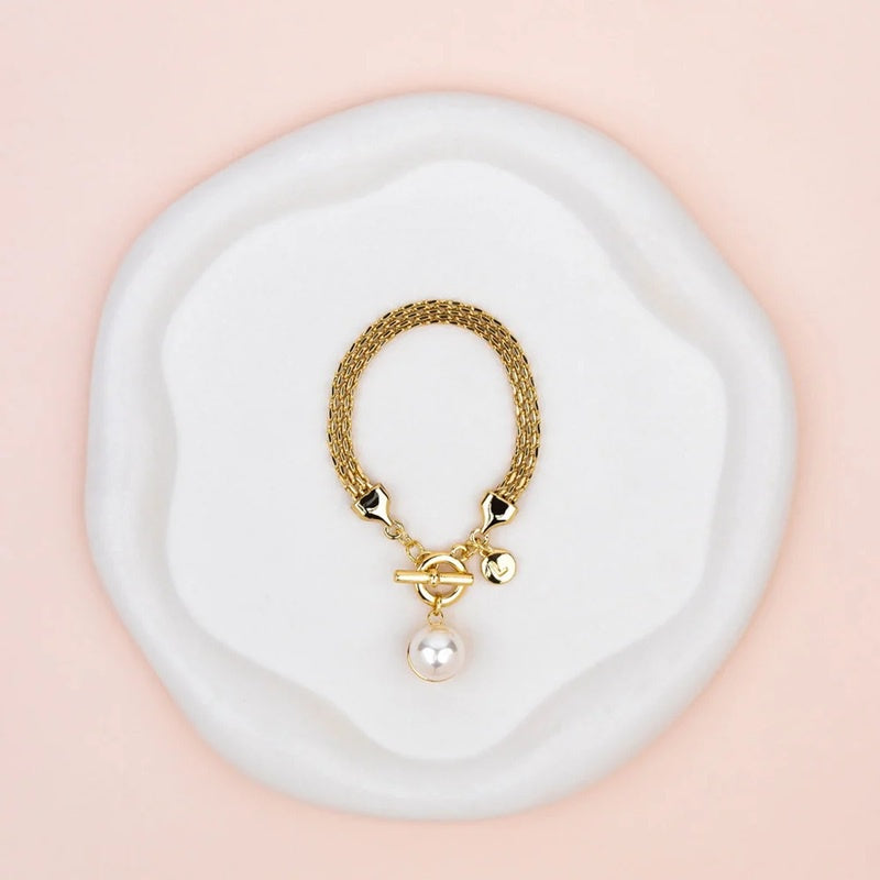 Yellow Gold Chain With Double Sided Pearl Metal Pendant Bracelet