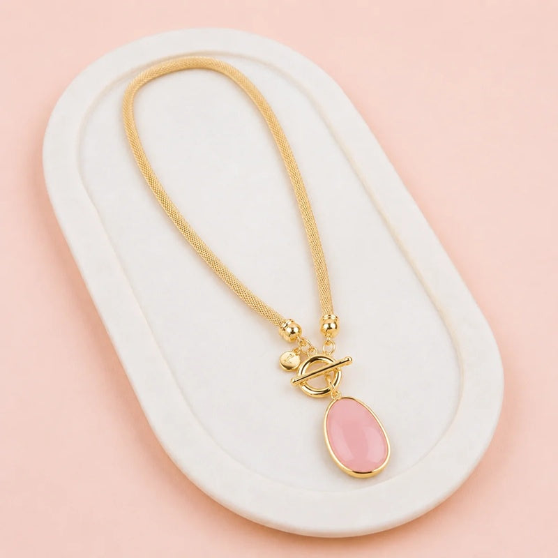 Yellow Gold Mess Chain With Pink Quartz Necklace