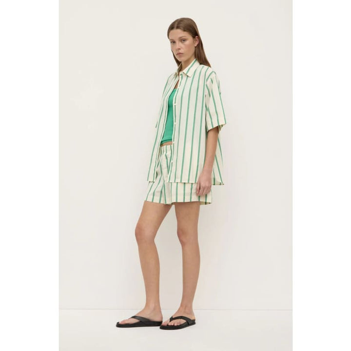 Agnes Stripe Short Sleeve Shirt | Butter & Bright Green - Tops
