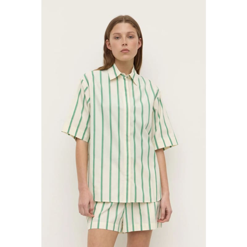 Agnes Stripe Short Sleeve Shirt | Butter & Bright Green - Tops