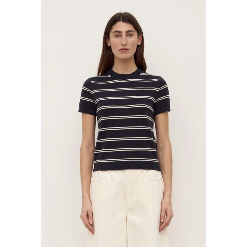 Allison Stripe Cotton Cashmere Tee | True Navy & Cream - Tops