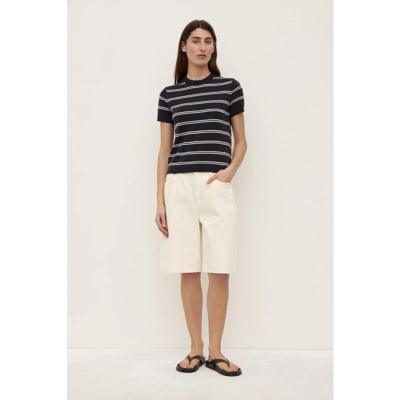 Allison Stripe Cotton Cashmere Tee | True Navy & Cream - Tops