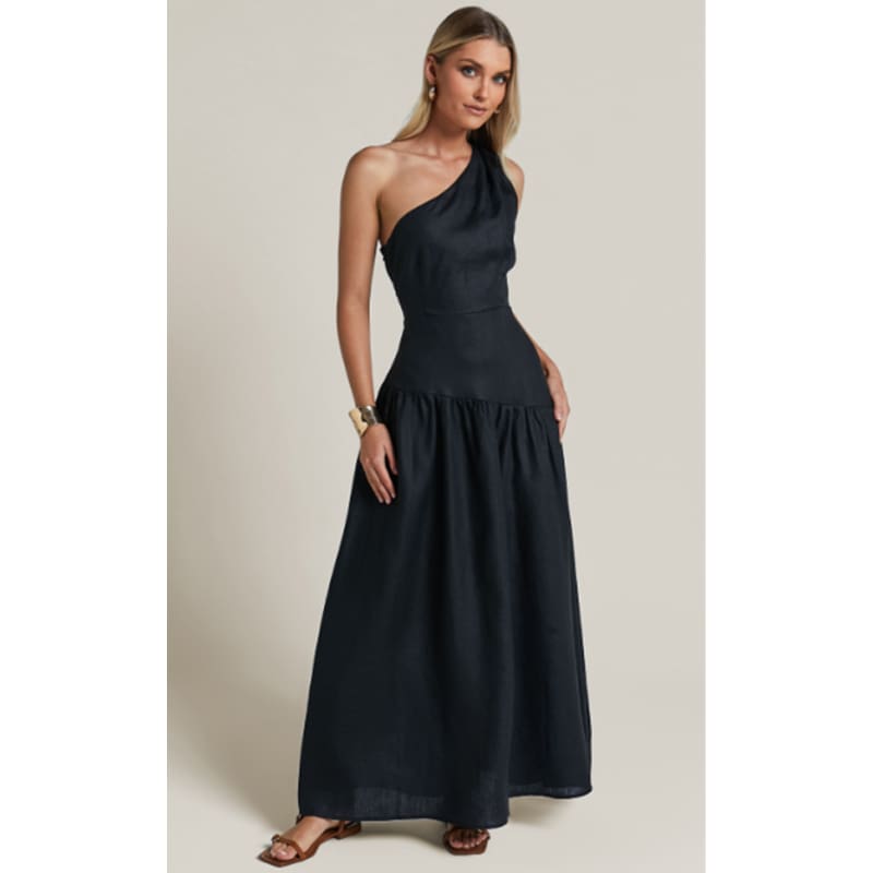 Alorah Linen Blend One Shoulder Dress | Black - Dress