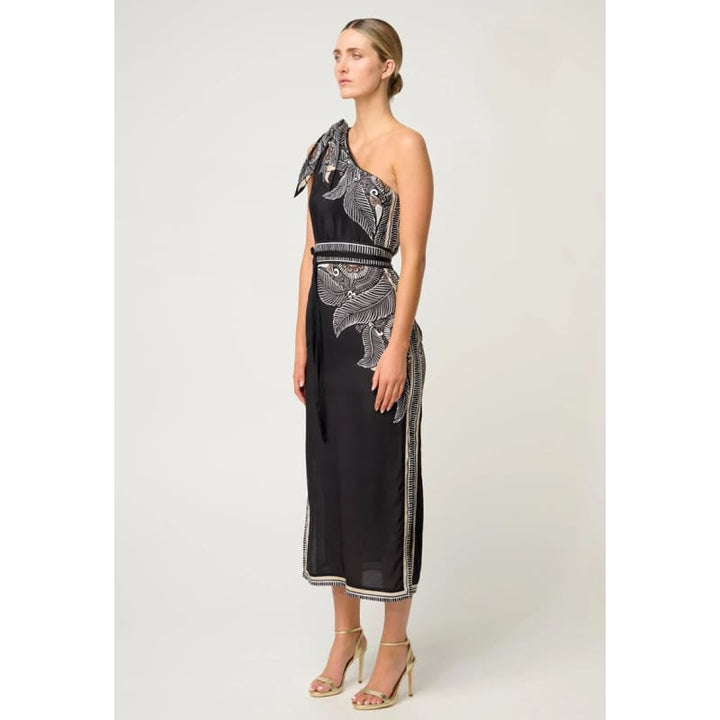 Amira One Shoulder Tie Linen Viscose Dress | Onyx Casablanca - Dress