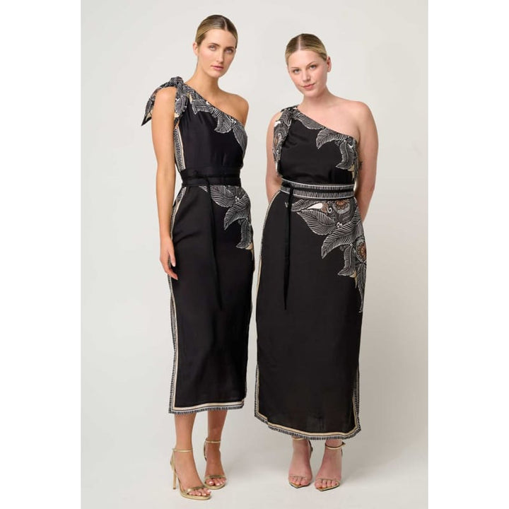 Amira One Shoulder Tie Linen Viscose Dress | Onyx Casablanca - Dress