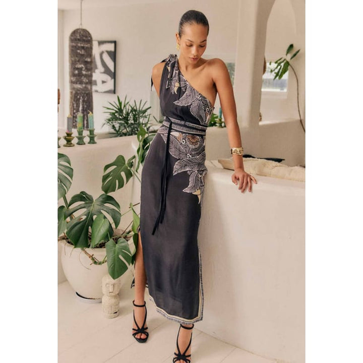 Amira One Shoulder Tie Linen Viscose Dress | Onyx Casablanca - Dress
