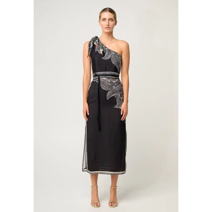 Amira One Shoulder Tie Linen Viscose Dress | Onyx Casablanca - Dress