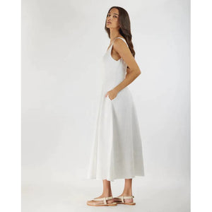 Anna Paneled Linen Midi Dress | White - Dress