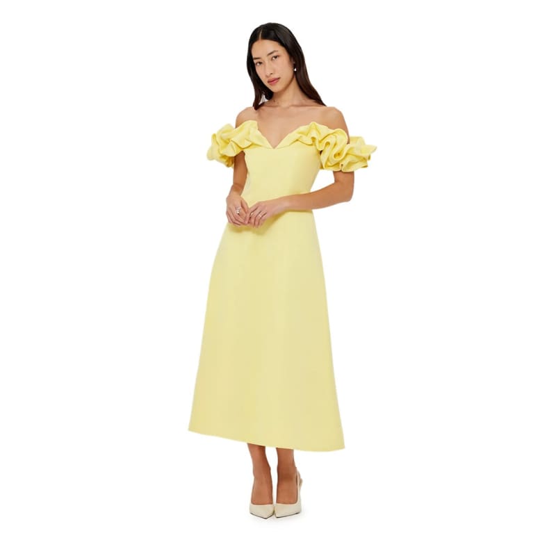Annie Off Shoulder Frill Midi Dress | Sorbet Yellow - Dress