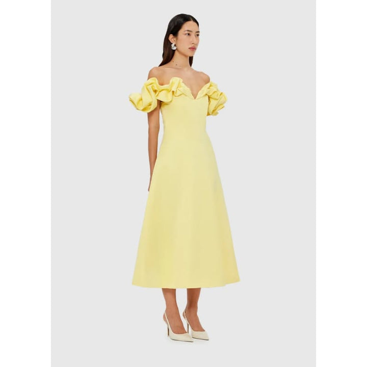 Annie Off Shoulder Frill Midi Dress | Sorbet Yellow - Dress