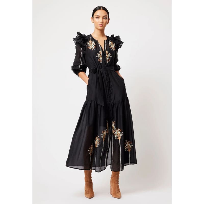 Aquila Cotton Silk Embroidered Maxi Dress | Black - Dress