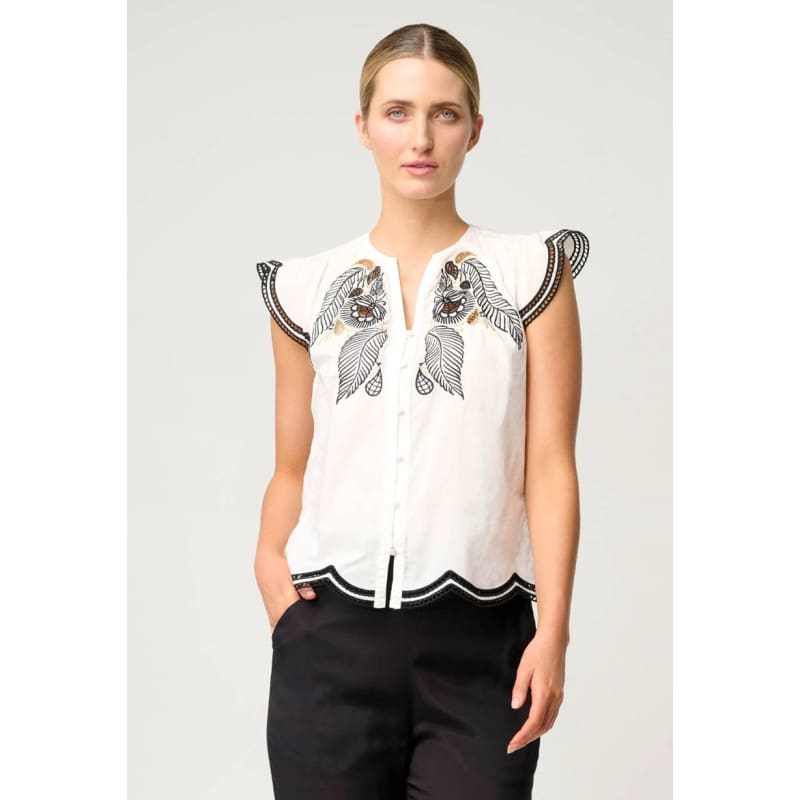 Aseel Cotton Flutter Sleeve Embroidered Top | Ivory - Tops