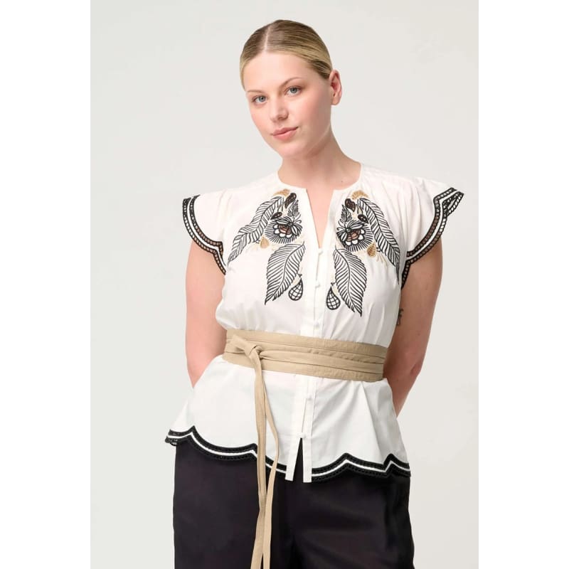 Aseel Cotton Flutter Sleeve Embroidered Top | Ivory - Tops