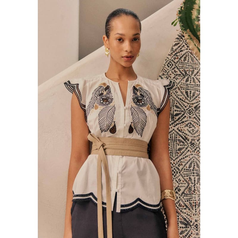 Aseel Cotton Flutter Sleeve Embroidered Top | Ivory - Tops