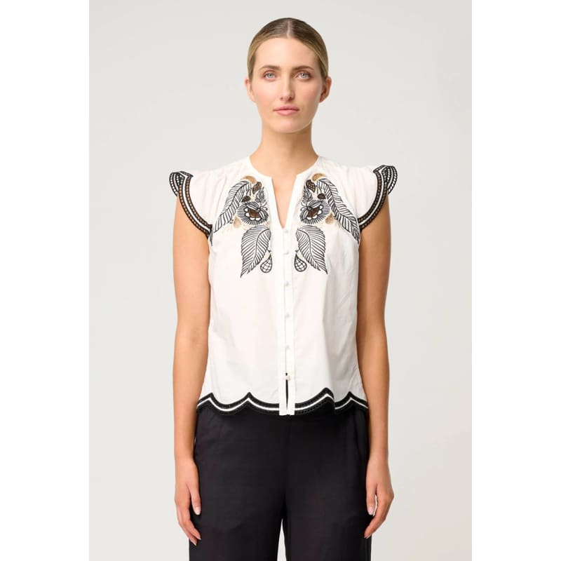 Aseel Cotton Flutter Sleeve Embroidered Top | Ivory - Tops