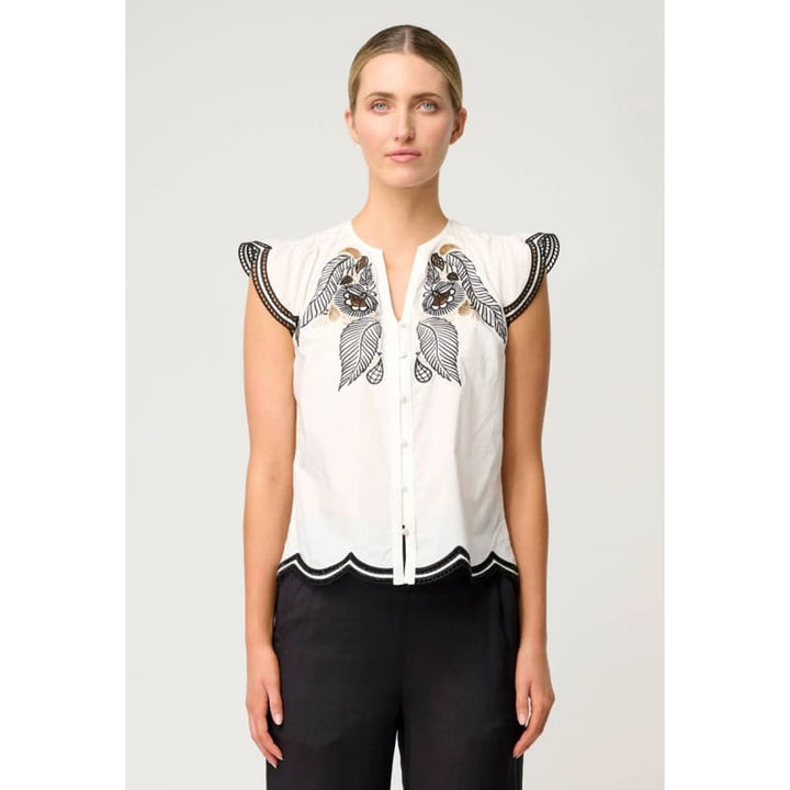 Aseel Cotton Flutter Sleeve Embroidered Top | Ivory - Tops
