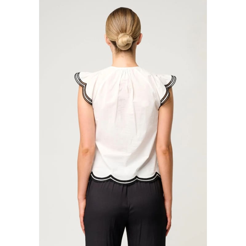 Aseel Cotton Flutter Sleeve Embroidered Top | Ivory - Tops