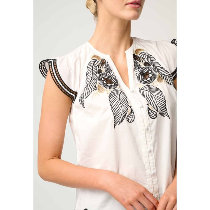 Aseel Cotton Flutter Sleeve Embroidered Top | Ivory - Tops