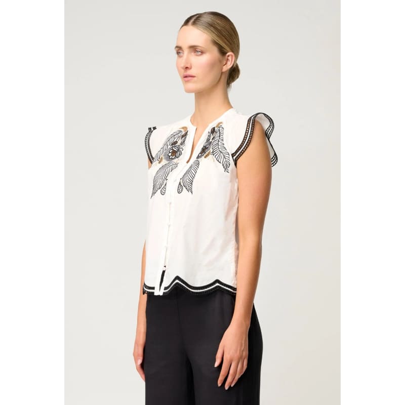 Aseel Cotton Flutter Sleeve Embroidered Top | Ivory - Tops