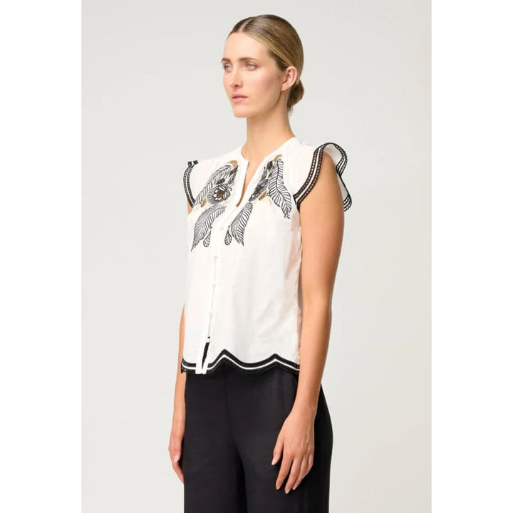 Aseel Cotton Flutter Sleeve Embroidered Top | Ivory - Tops