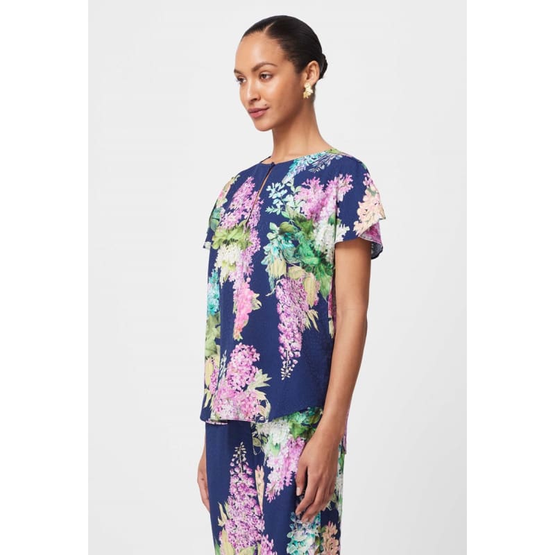 Augustine Waterfall Sleeve Viscose Top | Navy Wisteria - Tops