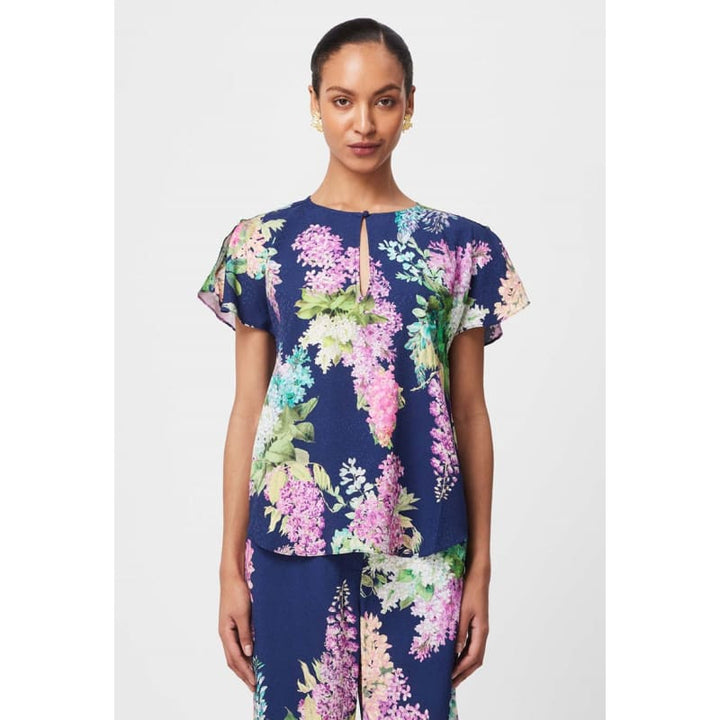 Augustine Waterfall Sleeve Viscose Top | Navy Wisteria - Tops