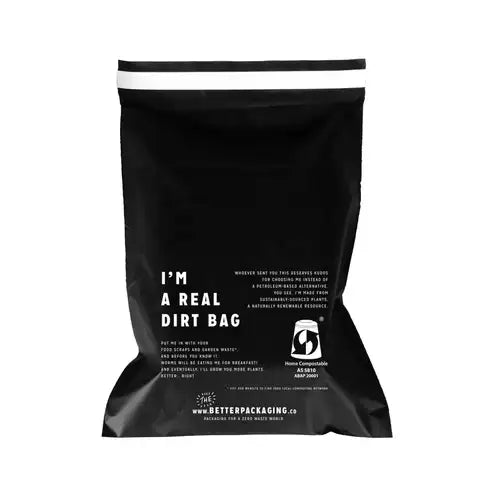Black biodegradable compostable plastic bag with white stripe and text ’i’m a real dirt bag’ by better packaging co.
