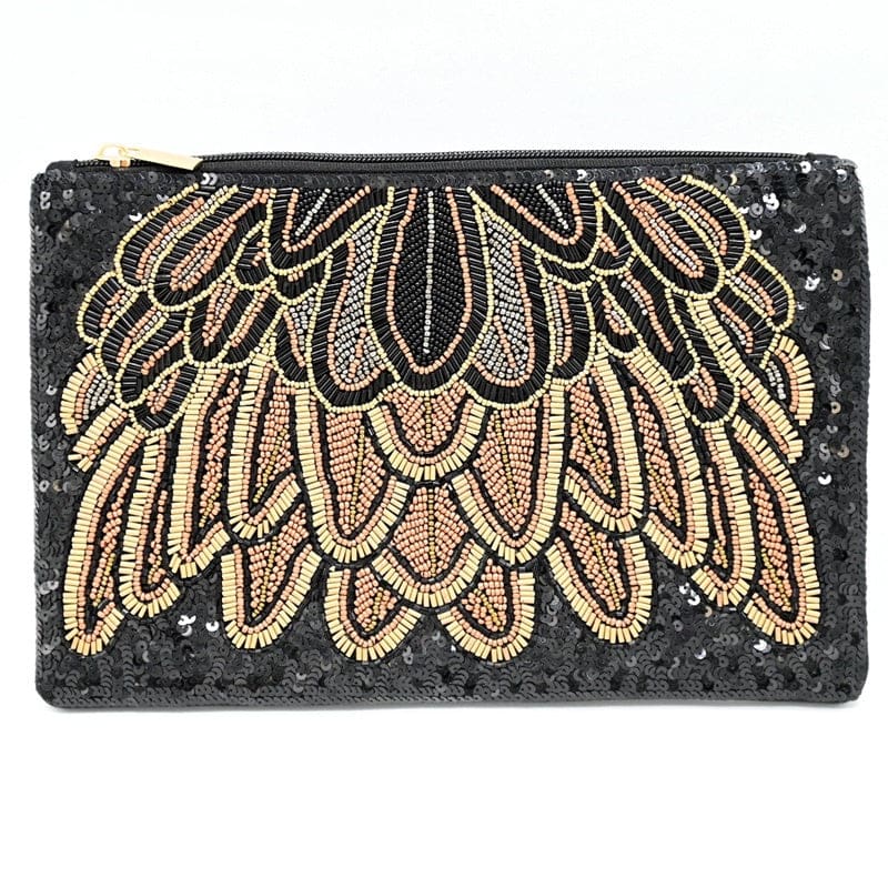 Black Feather Beaded Clutch - Accessories