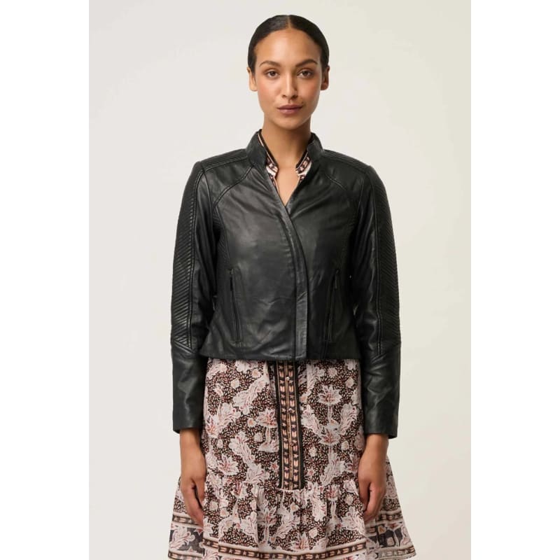 Blaire Leather Herringbone Stitch Detail Jacket | Black - Jackets