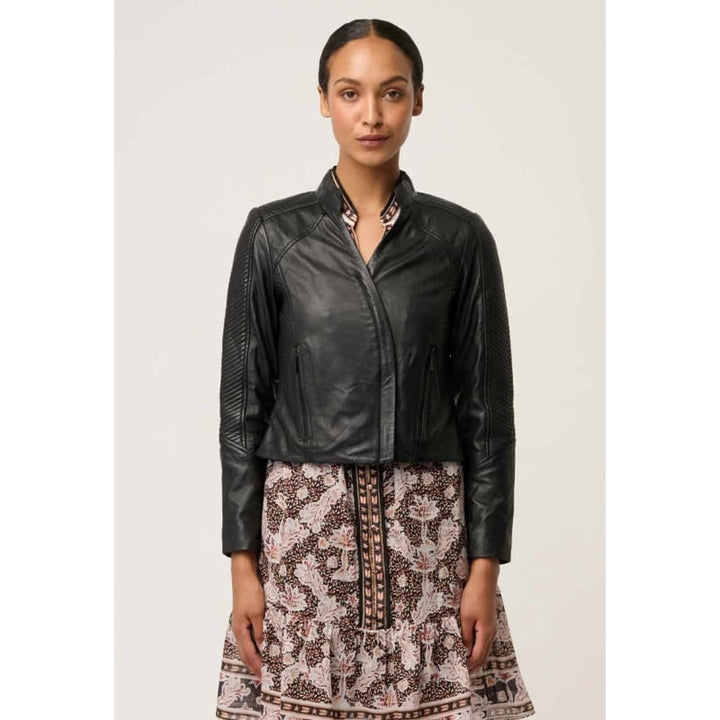 Blaire Leather Herringbone Stitch Detail Jacket | Black - Jackets
