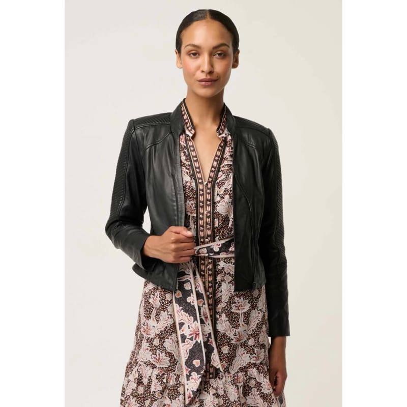 Blaire Leather Herringbone Stitch Detail Jacket | Black - Jackets