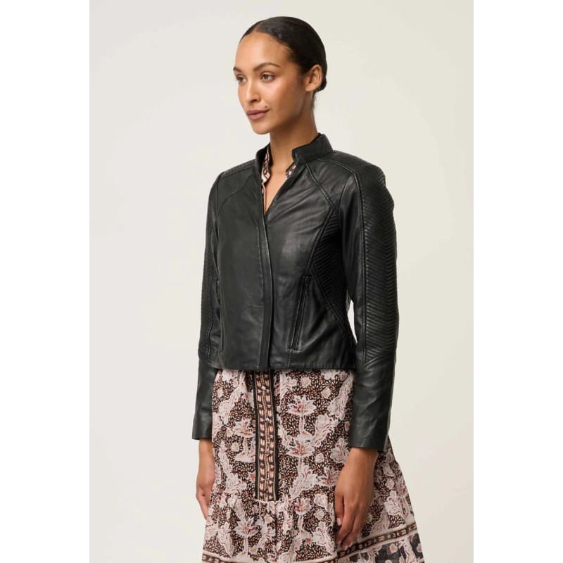 Blaire Leather Herringbone Stitch Detail Jacket | Black - Jackets