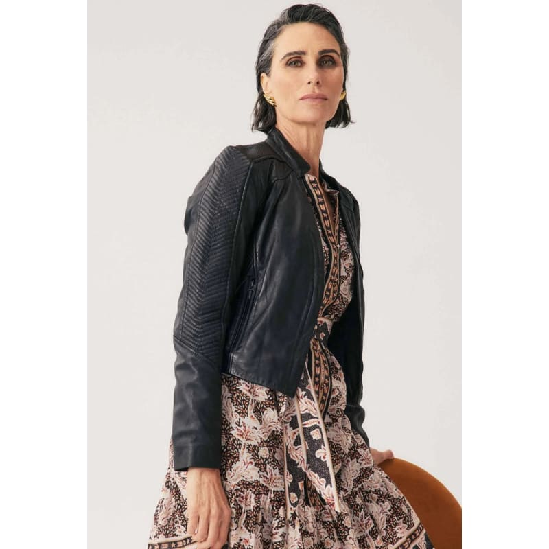 Blaire Leather Herringbone Stitch Detail Jacket | Black - Jackets