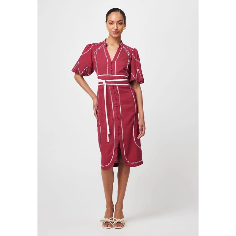 Carlyle Embroidered Linen Viscose Dress | Crimson - Dress