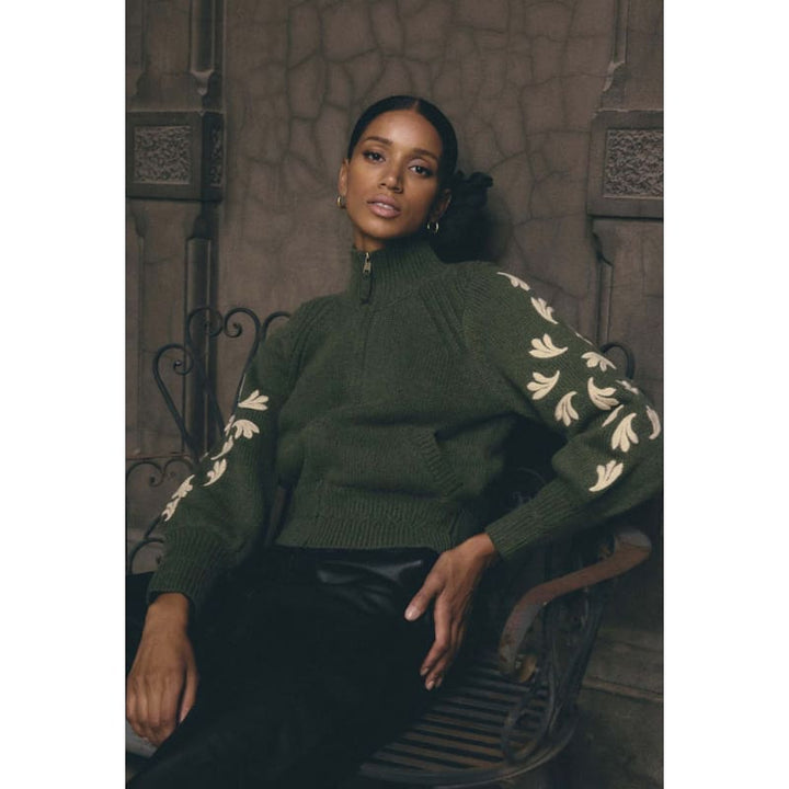 Carmela Embroidered Knitted Bomber | Oliva - Jackets