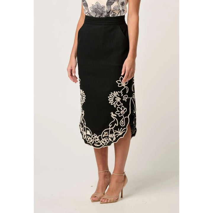 Cascadia Embroidered Linen Viscose Skirt | Black Bottoms