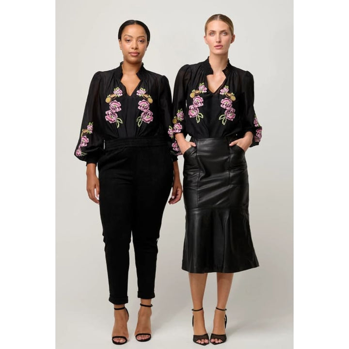 Catalina Embroidered Cotton Silk Blouse | Black Flores